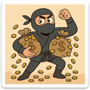 a masked ninja with gold coins spilling from bags, playful style sticker