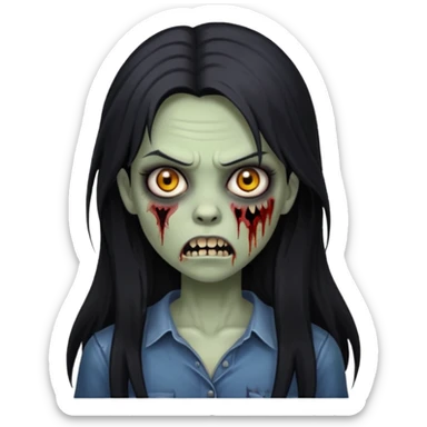 Girl zombie with black long hair with teeth and serious face IOS style sticker