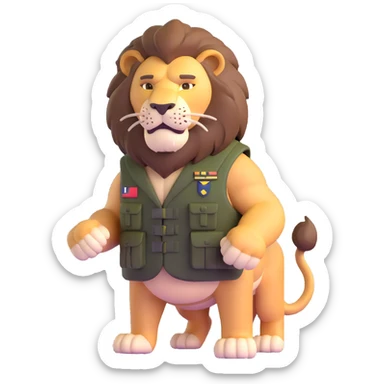 muscular lion wearing a military vest sticker