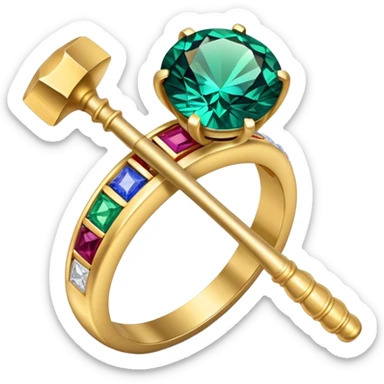 Create a bright and eye-catching emoji symbolizing jewelry craftsmanship and the art of making jewelry. Include a sparkling gemstone, a delicate ring, and tools like a hammer or chisel. The design should be elegant, with fine details and a luxurious feel, representing the precision and artistry of jewelry making. Use vivid colors like gold, silver, and deep jewel tones for the gemstone. Ensure the icon has a transparent background. sticker