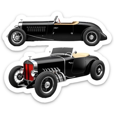 Wednesday Adam’s Blood stained Satanic Darth Vader black Bare bones (channeled cowl) drag racing and speed record modified (fenders removed) chopped streamlined sporty roadster that is a (stripped down) hot street rodded engine sports car 1932 Rolls Royce Woody futuristic  wide racing wheels sticker