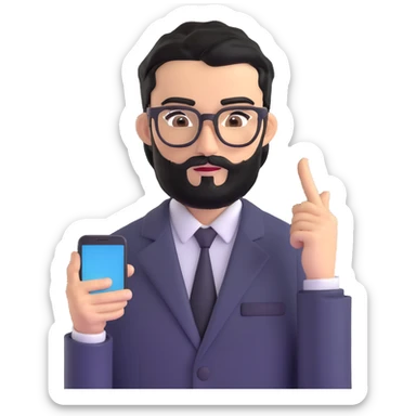 businessman with medium black beard, black hair styled to one side, connected unibrow, olive skin, brown eyes, glasses, prominent nose, in formal black jacket, focused on using smartphone touchscreen, with subtle modern office environment in background sticker