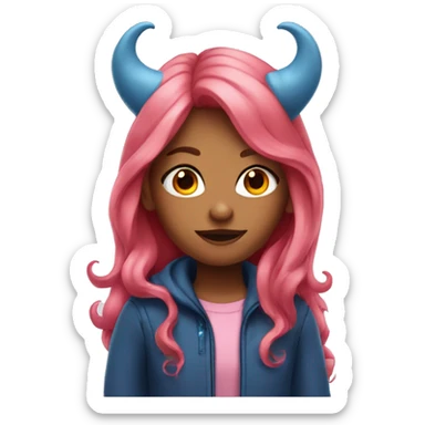 Girl with long pink hair and red devil horns and blue jacket sticker