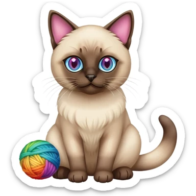 Siamese cat sitting full body with rainbow eyes playing with a wool ball sticker