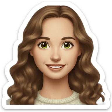 beautiful girl, white, with long loose wavy hair, brown hair, brown green eyes, looks like natalie portman, smiles at the camera, good teeth, white sweater, realistic drawing sticker