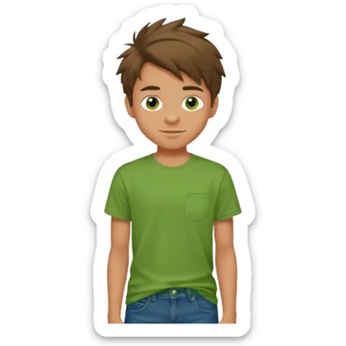 A 14 yerar old teenage boy, slightly tanned, wearing a green tshirt (no shirt pocket), blue jeans and green sneakers with brown tousled hair, smirking sticker