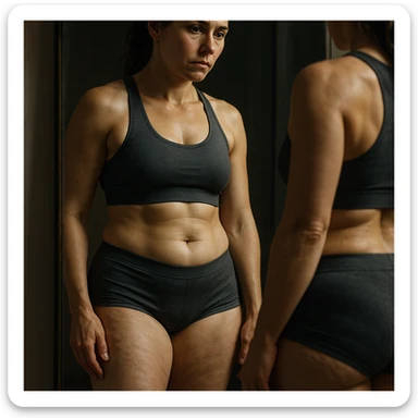 hyper realistic 4K image of a woman looking at herself in the mirror, fit but with stubborn fat on legs and thighs, detailed skin, reflective expression, cinematic lighting sticker