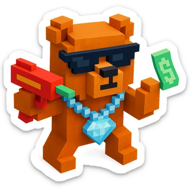 Russian grizzly bear in a rapper pose, wearing a diamond chain and holding a money gun sticker
