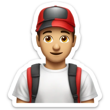 Hombre, masculino, joven de unos 30 a 40 años, de ascendencia latina, con una camiseta compuesta por bastones rojos y blancos de manera vertical y un gorra roja  sticker