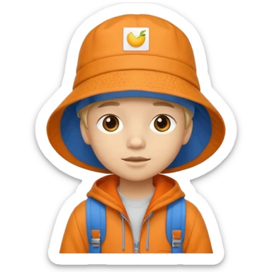 A little student with beige bucket hat, orange jacket, blue backpack sticker