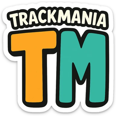 flat toon style logo of 'Trackmania' word in cartoon style above playful colored 'T' and 'M' split vertically down the middle sticker