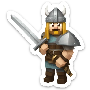 Scandinavian Viking with a sword in his hand and an angry mood in Minecraft style sticker