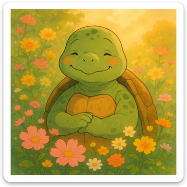 ghibli style turtle with soft lighting, surrounded by flowers, Mother's Day feeling sticker