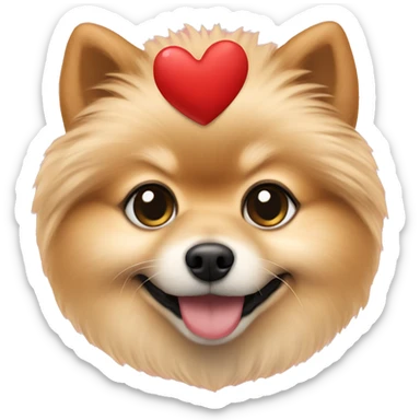 Beige pomeranian holding a heart sticker