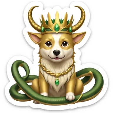 loki god of mischief as a dog. he as snakes. he wears a horned crown as the god himself.  dynamic pose sticker