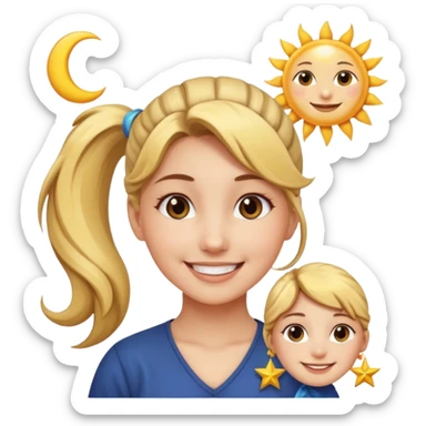 An Emoji of girl with ponytail, who can be described by three words: sun, moo, star sticker