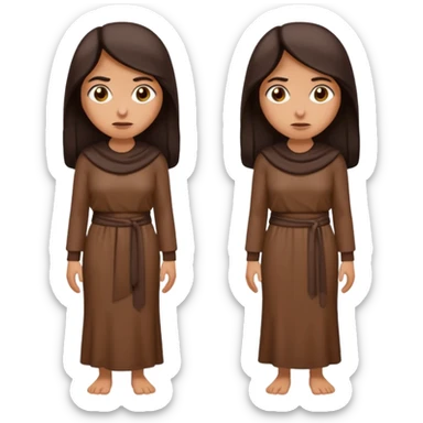 Cartoon emoji of a Middle Eastern-looking woman with long, loose dark hair, wearing chocolate-colored clothes. Full-height, standing, nervous, unsure, worried expression. Slightly hunched, anxious posture. Smooth, simple, stylized. sticker