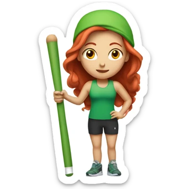 Red headed girl in workout clothes with a green drumstick in each hand  sticker