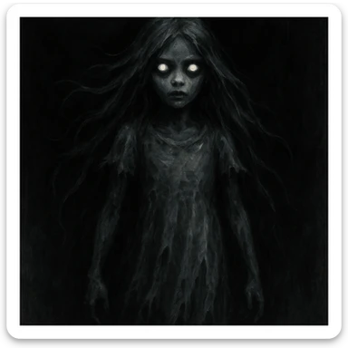 spooky girl ghost, long flowing hair, glowing eyes, tattered dress, dark background sticker
