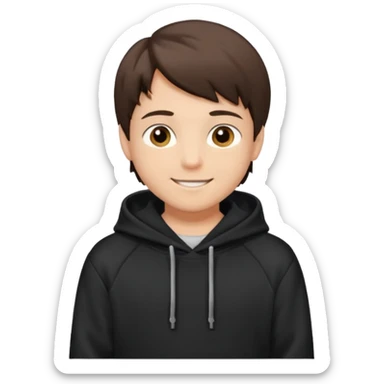 A brunette boy, short straight hair, light brown eyes, with a black sweatshirt with a hoodie, and smile  sticker