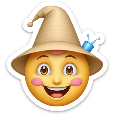 A crazy, laughing emoji with a funnel hat on its head. Exaggerated wide smile, big expressive eyes, playful and silly expression. Cartoon style, clean lines, bright colors, simple background, emoji-style illustration, high quality, centered composition sticker