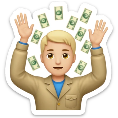 stylized emoji of a person with hands up, surrounded by money, with a worried or confused face sticker