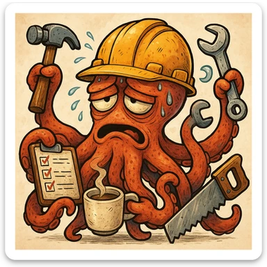 A tired worker depicted as an octopus with multiple tentacles, each holding a different item: a hammer, a checklist with tasks, a wrench, a saw, and coffee. The worker wears a helmet and looks overwhelmed and unable to keep up with all the tasks, detailed cartoon style, expressive and colorful. sticker