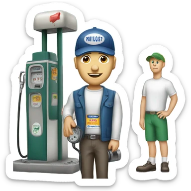 White man with ballcap standing next to vintage gas pump sticker