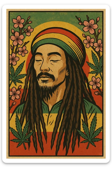 Vintage poster of an Asian Rasta with long dreadlocks, peaceful eyes, and a red-gold-green tam. Surrounded by cherry blossoms and ganja leaves. Background blends Rasta colors into an Asian flag (e.g., red sun from Japan or Chinese star). Retro reggae fusion vibe, with bold lines and aged paper texture.
 sticker