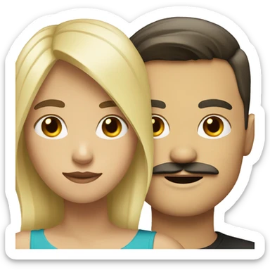blonde girl with white boy with very dark hair and a mustache sticker