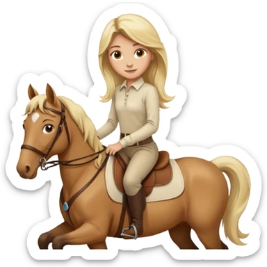 Tan girl with long blonde hair wearing a cream colored long sleeve shirt and riding pants on top of a brown horse with 4 legs sticker