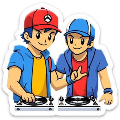 Hot handsomeb muscular 6ft tall smiling happy ash ketchum being a  dj and his music is on fire while kissing a friend sticker