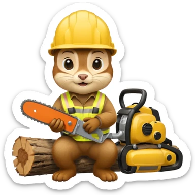  a chipmunk in a construction helmet and with a chainsaw in his hands kneels in front of a log and prays sticker