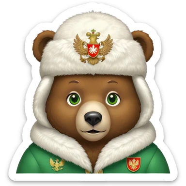 Sweet brown bear with friendly expression and green eyes, white fur ushanka with prominent and detailed Russian Federation double-headed eagle coat of arms, iOS emoji style sticker