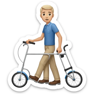 Caucasian Man using a walker with a bike horn on it sticker