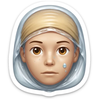 Human head completely wrapped in plastic wrap, air bubbles under surface. sticker