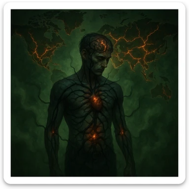 semi-realistic, moody; central human figure, black parasite tendrils radiate from gut and heart into brain and joints, world map background, glowing fissures, green mist, symbolic global health impact sticker