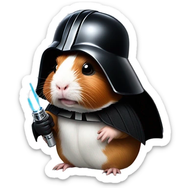 Guinea pig as Darth Vader next to the Death Star holding a red light saber sticker