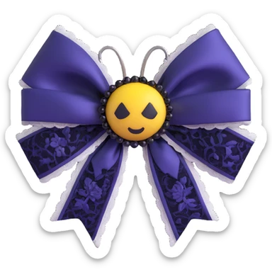 3D emoji gothic bow, deep indigo silk, silver spider brooch, and black lace edges sticker