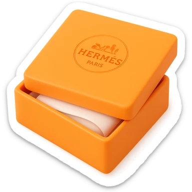3D style orange Hermès box, slightly open with tissue paper inside, Hermès logo on the center, same square shape and proportions as reference, minimal, on white or transparent background, different lighting sticker