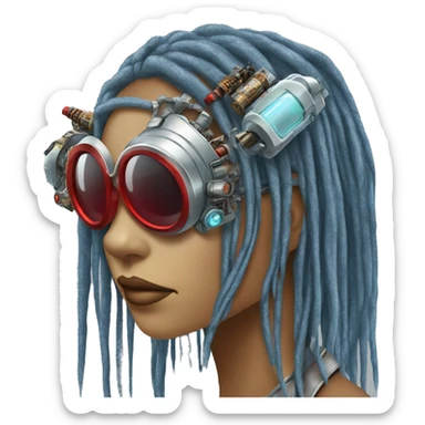 Light blue long dreadlocks female cyborg head with red steampunk goggles and circuits sticker