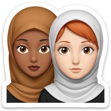 Short red haired white girl with brown eyes wearing a white shirt next a black girl wearing a black hijab with brown eyes sticker