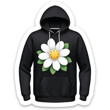 The BLACK Hoodie has a solid black base, accented with distinctive white open flower spots. Each flower has an empty space in the center, creating a hollow, ring-like appearance. These patterns are scattered across the hoodie for a bold and unique design. sticker