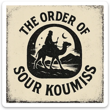 A grunge-style 90s logo for 'The Order of Sour Koumiss' with distressed edges and a mysterious travel theme, black and white sticker