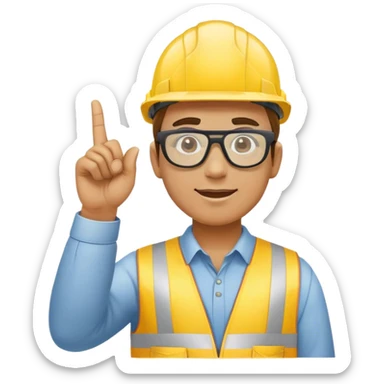 Un trabajador, vestido con un casco amarillo y gafas protectoras, apuntando con el dedo hacia arriba. sticker