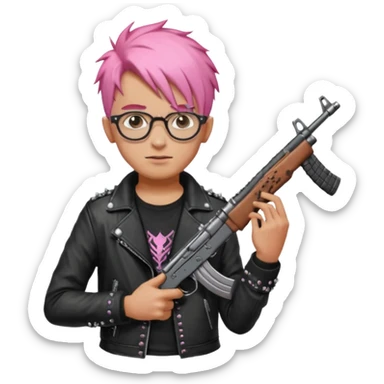 A punk guy with pink hair, wearing Harry Potter glasses, and holding an AK-47 sticker