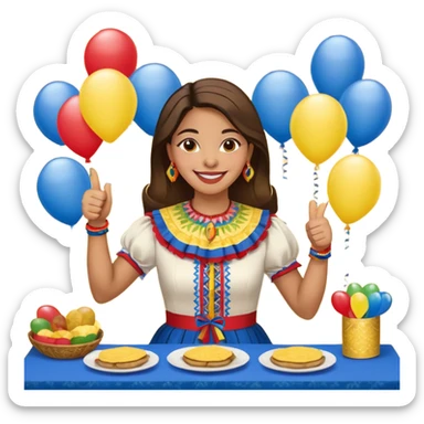party table decorated with red blue and yellow colors, including backdrops, balloons, streamers and more, on the table are intricate displays of colombian arepas, and in the forefront a woman in traditional colombian dress with a smile and big thumbs up sticker