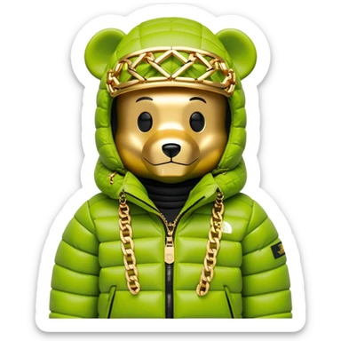 perfectly crafted bearbrick with authentic geometric shape, premium lime balaclava with professionally integrated dark visor lens, Supreme x North Face collaboration puffer jacket with luxurious fur trim, multiple detailed gold chains, ultimate collector's piece sticker