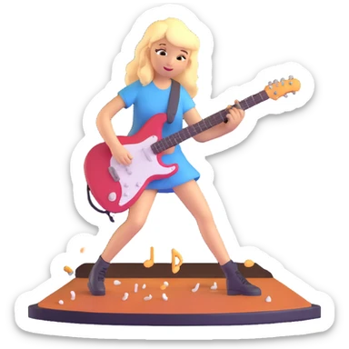 a talented blonde girl playing guitar on a stage, music notes floating around her, spotlights shining sticker