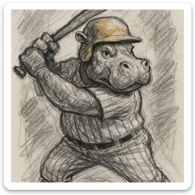 hippo holding a baseball bat, wearing a yellow helmet, pinstripes outfit sticker